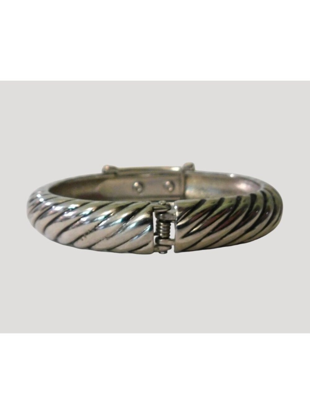 Two-Tone Hinged Bangle Bracelet Silver Gold Accents Black Faceted Stone - Picture 6 of 8